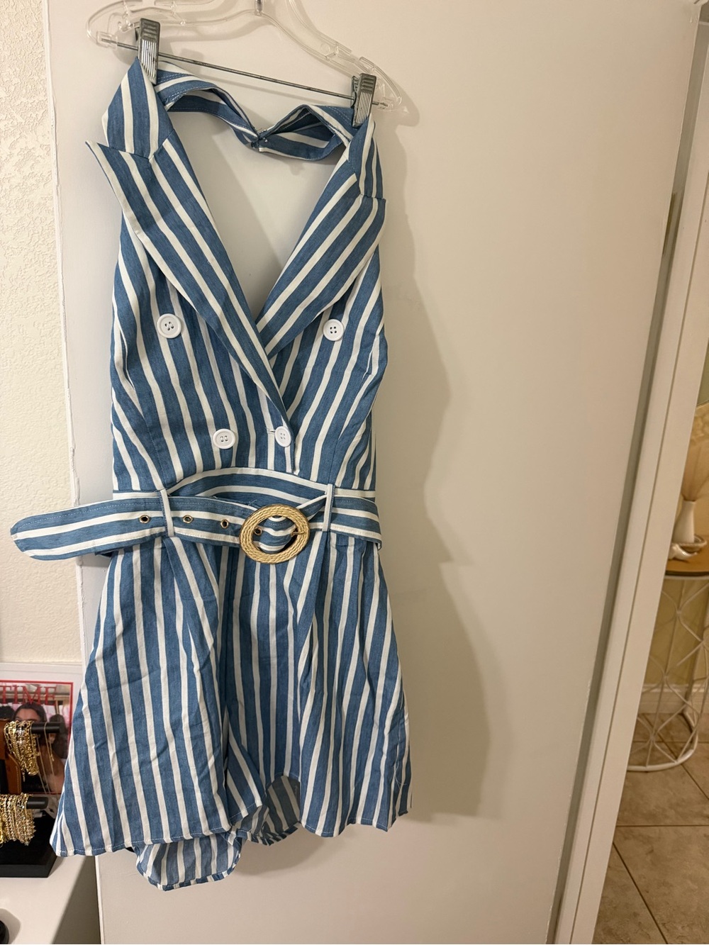 Striped Blue & White Halter Romper with Belt
